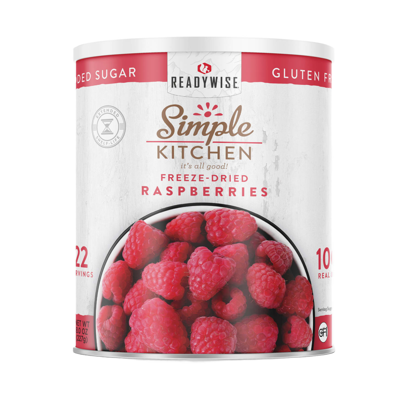 Can of freeze-dried raspberries with bright red fruit image on label, gluten-free and no added sugar, ideal for emergency supplies and kitchen food prep, made in USA.