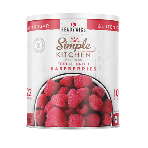 Can of freeze-dried raspberries with bright red fruit image on label, gluten-free and no added sugar, ideal for emergency supplies and kitchen food prep, made in USA.