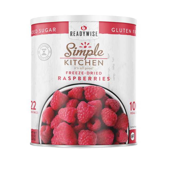 Can of freeze-dried raspberries with bright red fruit image on label, gluten-free and no added sugar, ideal for emergency supplies and kitchen food prep, made in USA.