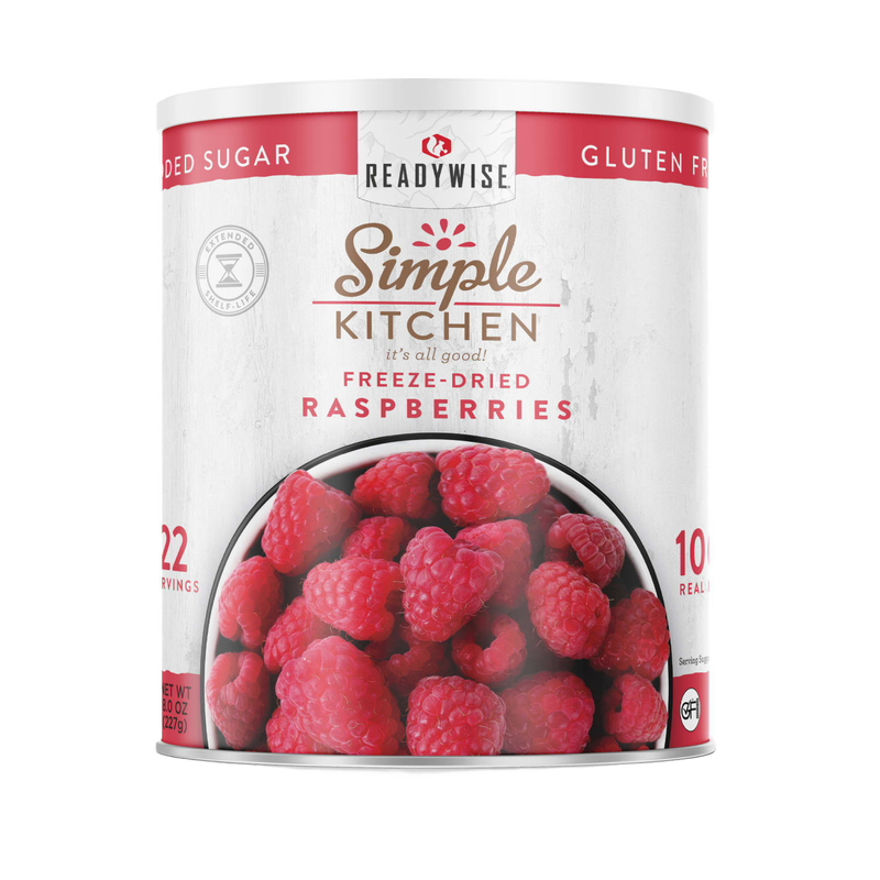 Can of freeze-dried raspberries with bright red fruit image on label, gluten-free and no added sugar, ideal for emergency supplies and kitchen food prep, made in USA.