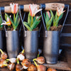 Three handcrafted bulb planters with steel cylinders and sustainably made ash wood handles filled with tulip plants and surrounded by flower bulbs on a wooden surface, ideal for Farm, Garden & Tool, Garden Accessories, Seeds and Planting, Best Sellers, and Promo Eligible collections.
