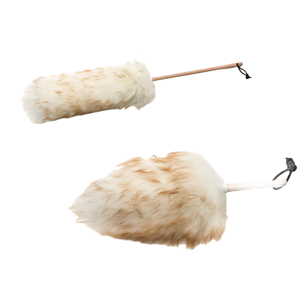 Two handcrafted lamb's wool dusters with natural wooden handles, made in USA, designed for gentle dust attraction and cleaning in Home & Decor, Household Cleaning, and Cleaning Utensils and Gadgets collections.