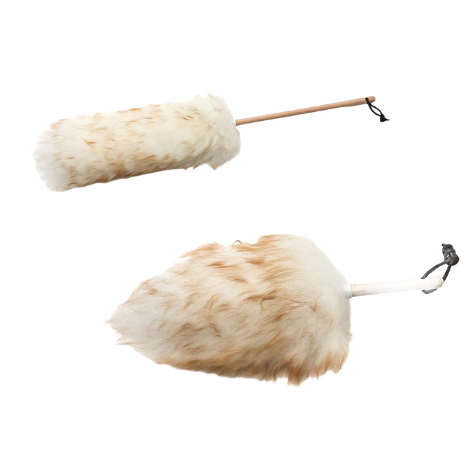 Two handcrafted lamb's wool dusters with natural wooden handles, made in USA, designed for gentle dust attraction and cleaning in Home & Decor, Household Cleaning, and Cleaning Utensils and Gadgets collections.