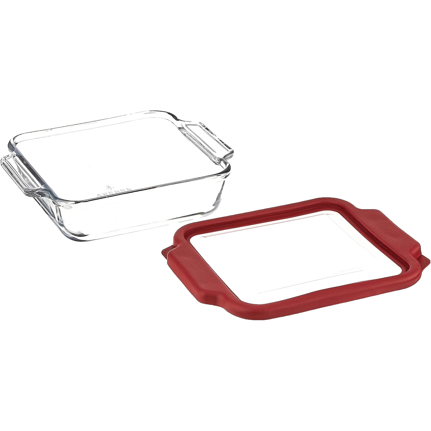 Clear glass baking dish paired with a durable red plastic lid, designed for easy food storage and transport, handcrafted in USA, ideal for Kitchen & Food, Storage and Serving collections.