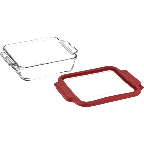 Clear glass baking dish paired with a durable red plastic lid, designed for easy food storage and transport, handcrafted in USA, ideal for Kitchen & Food, Storage and Serving collections.