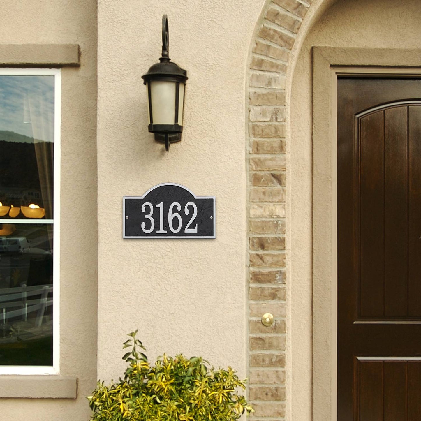 Handcrafted black and silver arched rectangle address plaque displaying number 3162, made in USA, enhances curb appeal, ideal for Home & Decor, Household Helpers, and Mailboxes and Address Signs collections.