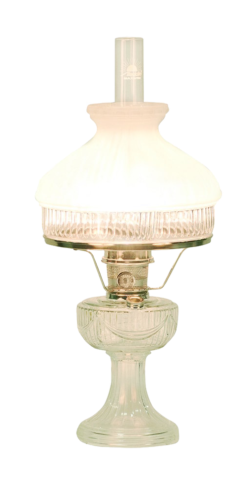 Handcrafted clear glass oil lamp with etched Lincoln drape pattern and metal burner, made in USA, featured in Lamps & Lighting, Oil Lamps, Table Lamps, Best Sellers, and Promo Eligible collections.