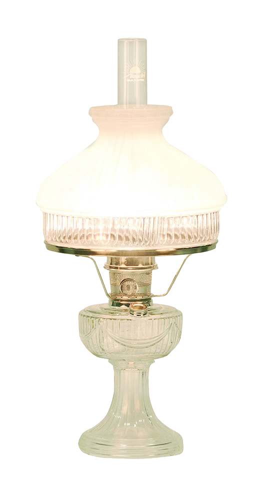 Handcrafted clear glass oil lamp with etched Lincoln drape pattern and metal burner, made in USA, featured in Lamps & Lighting, Oil Lamps, Table Lamps, Best Sellers, and Promo Eligible collections.