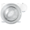 Overhead view of a white Bosch Universal Plus stand mixer with a clear mixing bowl and wire whisk attached, crafted for kitchen gadgets and baking supplies collections.