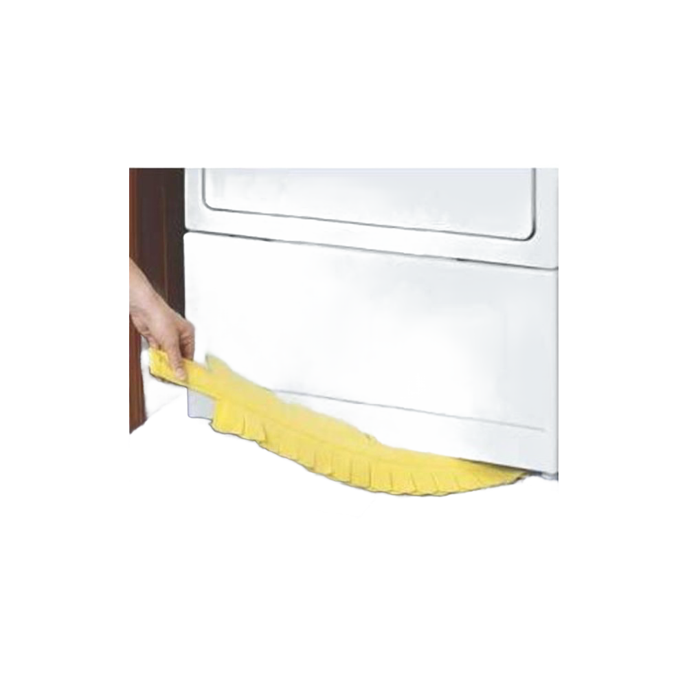 Flexible yellow duster with non-woven polyester cover and polypropylene body, shown cleaning under an appliance, part of Home & Decor and Household Cleaning collections.