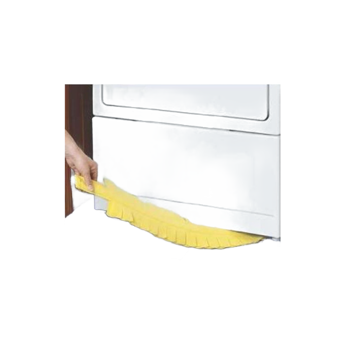 Flexible yellow duster with non-woven polyester cover and polypropylene body, shown cleaning under an appliance, part of Home & Decor and Household Cleaning collections.