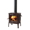 Compact handcrafted Hearthstone wood-heat stove with rich brown finish, gleaming front glass displaying bright flames, featuring TruHybrid combustion system, part of best sellers in heatstoves collection.