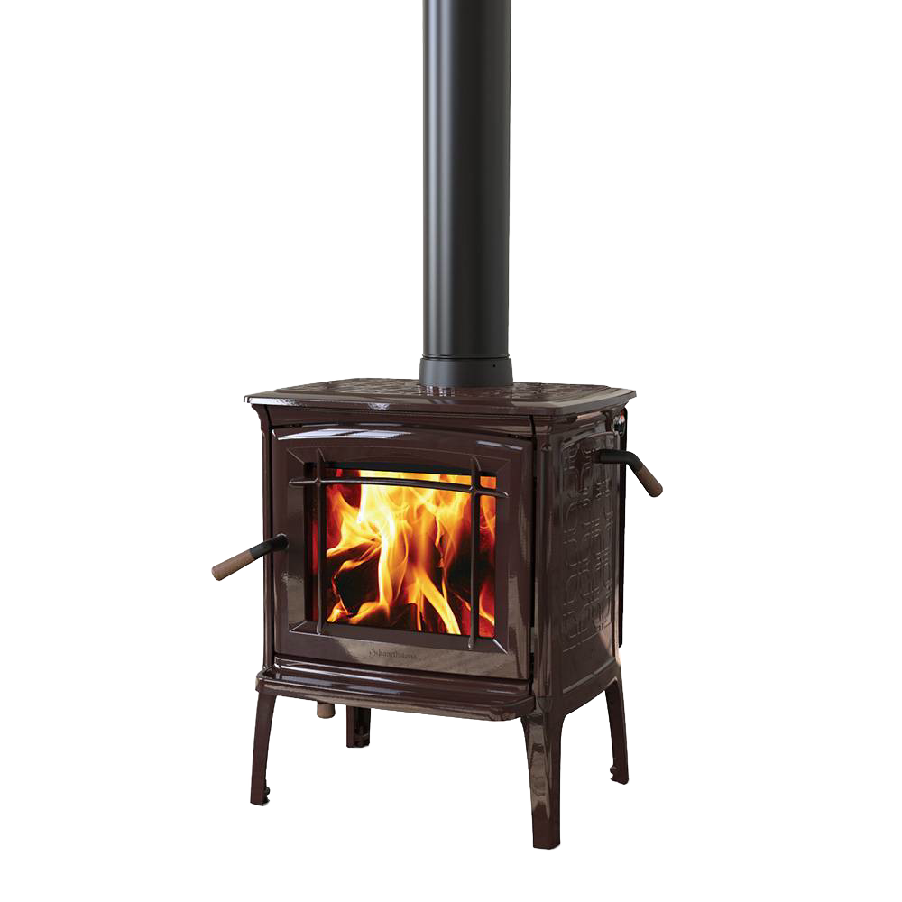 Compact handcrafted Hearthstone wood-heat stove with rich brown finish, gleaming front glass displaying bright flames, featuring TruHybrid combustion system, part of best sellers in heatstoves collection.