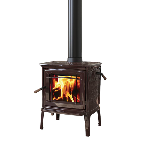 Compact handcrafted Hearthstone wood-heat stove with rich brown finish, gleaming front glass displaying bright flames, featuring TruHybrid combustion system, part of best sellers in heatstoves collection.