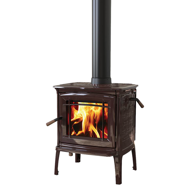 Compact handcrafted Hearthstone wood-heat stove with rich brown finish, gleaming front glass displaying bright flames, featuring TruHybrid combustion system, part of best sellers in heatstoves collection.