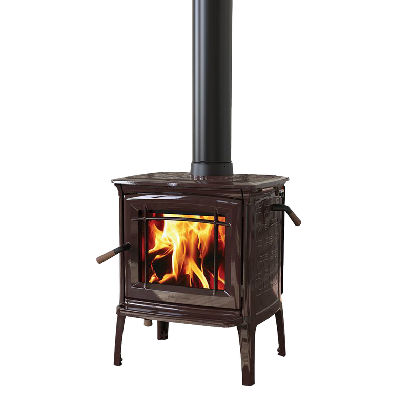 Compact handcrafted Hearthstone wood-heat stove with rich brown finish, gleaming front glass displaying bright flames, featuring TruHybrid combustion system, part of best sellers in heatstoves collection.