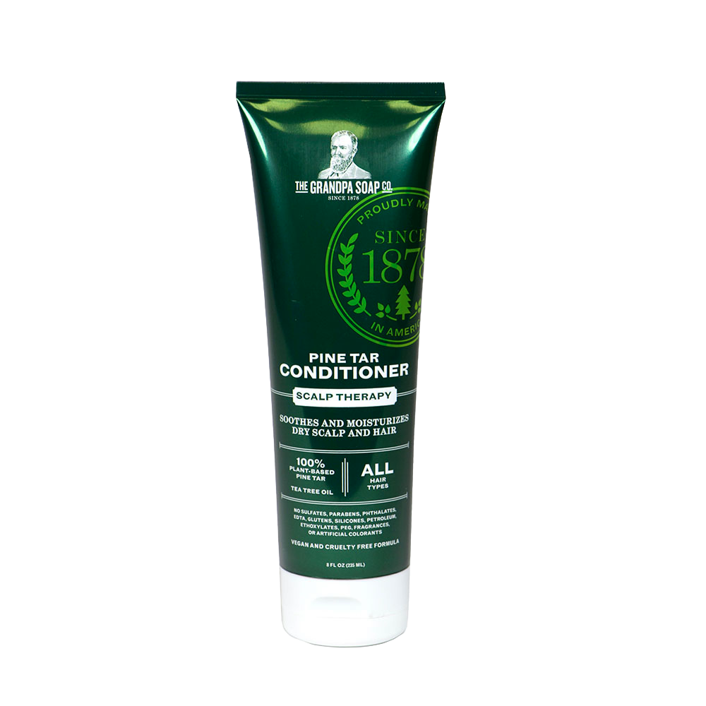 Dark green tube of handcrafted pine tar conditioner with scalp therapy formula, made in USA, designed to soothe dry scalp and moisturize hair, featured in Health & Wellness and Shampoo and Conditioner collections.