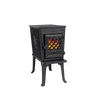 Compact black cast iron wood stove with lattice front window showing glowing fire inside, standing on curved legs, designed for effective heating in small spaces within Stoves and Heatstoves collections.