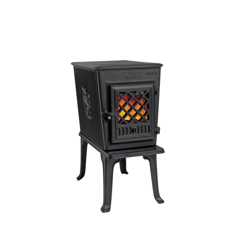 Compact black cast iron wood stove with lattice front window showing glowing fire inside, standing on curved legs, designed for effective heating in small spaces within Stoves and Heatstoves collections.