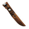 Leather sheath holding two fixed-blade knives with stacked-leather handles and surgical steel blades, handcrafted and made in USA, suitable for Farm, Garden & Tool collections.