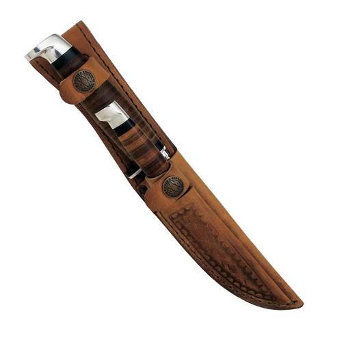 Leather sheath holding two fixed-blade knives with stacked-leather handles and surgical steel blades, handcrafted and made in USA, suitable for Farm, Garden & Tool collections.