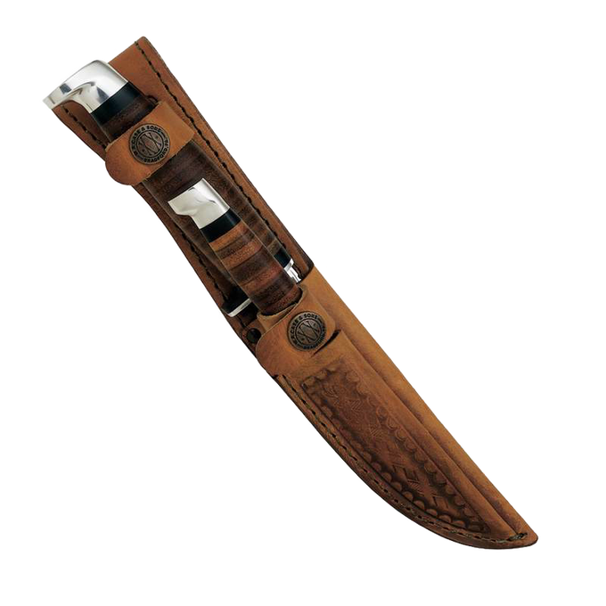 Leather sheath holding two fixed-blade knives with stacked-leather handles and surgical steel blades, handcrafted and made in USA, suitable for Farm, Garden & Tool collections.