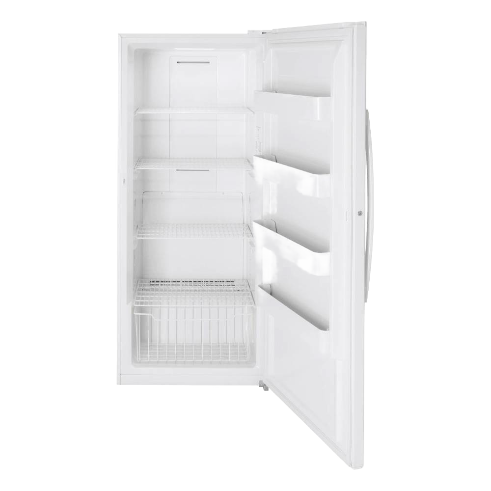 Amish made upright gas freezer in white with open door showing wire shelves and door compartments, handcrafted in the USA, featured in Appliances and Refrigerators and Freezers collections.