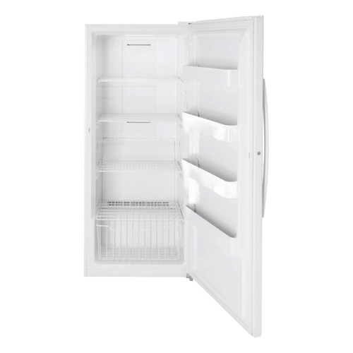 Amish made upright gas freezer in white with open door showing wire shelves and door compartments, handcrafted in the USA, featured in Appliances and Refrigerators and Freezers collections.