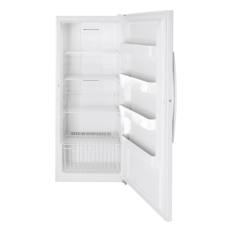 Amish made upright gas freezer in white with open door showing wire shelves and door compartments, handcrafted in the USA, featured in Appliances and Refrigerators and Freezers collections.