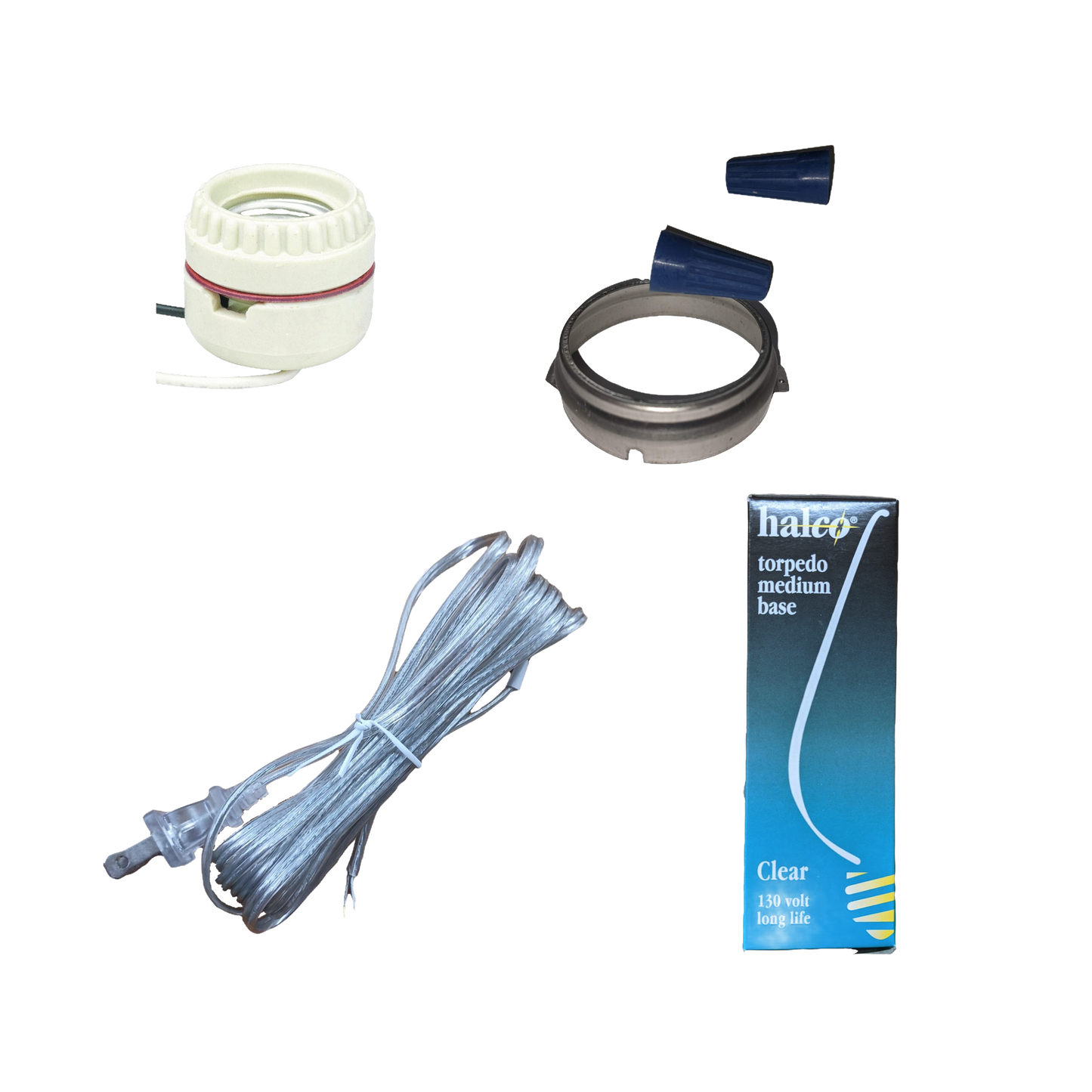 Set of handcrafted electric conversion parts for lamps including a two-piece ceramic socket, brass retaining ring, blue plastic wire connectors, clear cord, and a clear medium base bulb, ideal for emergency supplies and electric lighting collections.