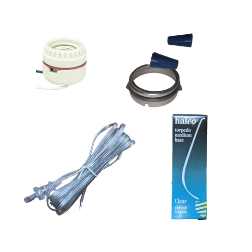 Set of handcrafted electric conversion parts for lamps including a two-piece ceramic socket, brass retaining ring, blue plastic wire connectors, clear cord, and a clear medium base bulb, ideal for emergency supplies and electric lighting collections.