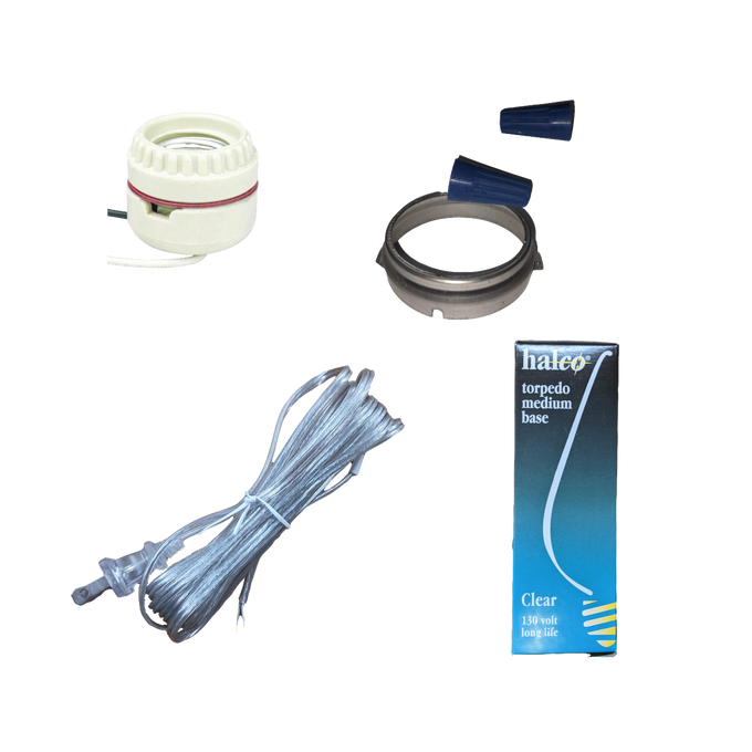 Set of handcrafted electric conversion parts for lamps including a two-piece ceramic socket, brass retaining ring, blue plastic wire connectors, clear cord, and a clear medium base bulb, ideal for emergency supplies and electric lighting collections.