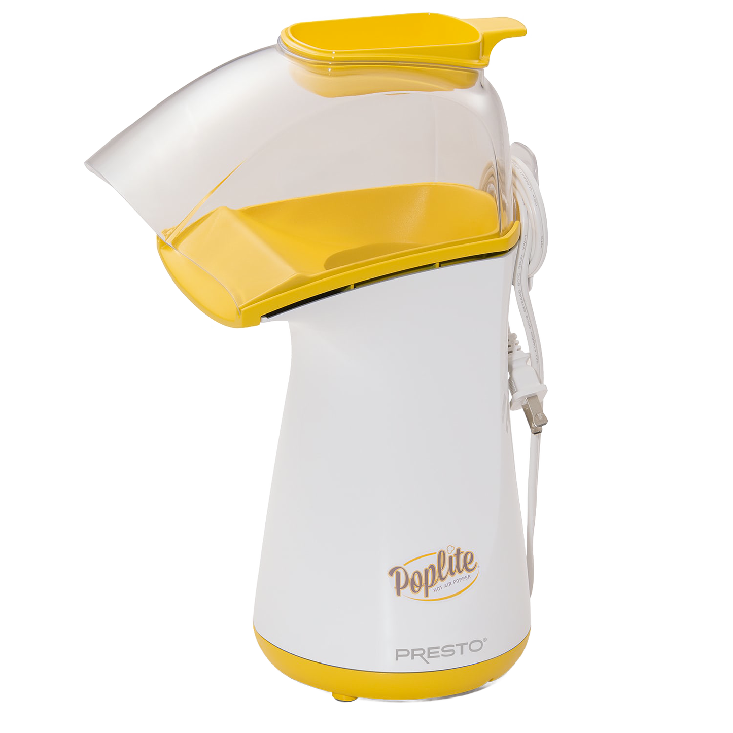 Compact electric hot air popcorn popper in white and yellow, designed for healthier, oil-free popcorn preparation, featured in Kitchen & Food, Food, and Popcorn collections.