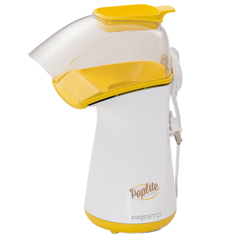 Compact electric hot air popcorn popper in white and yellow, designed for healthier, oil-free popcorn preparation, featured in Kitchen & Food, Food, and Popcorn collections.