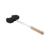 Cast iron burger press with a long metal handle and wooden grip, designed for outdoor cooking and camping in kitchen, cookware, cast iron, and farm tool collections.