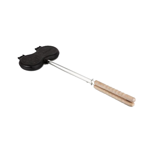 Cast iron burger press with a long metal handle and wooden grip, designed for outdoor cooking and camping in kitchen, cookware, cast iron, and farm tool collections.