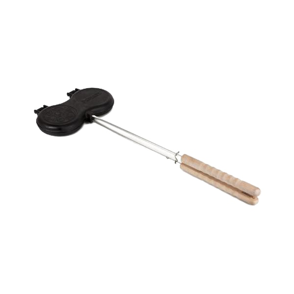Cast iron burger press with a long metal handle and wooden grip, designed for outdoor cooking and camping in kitchen, cookware, cast iron, and farm tool collections.