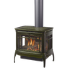 Freestanding gas stove with three-sided glass viewing panels, featuring reflective interior glass and a dark enamel finish, from popular stove and heatstove collections.