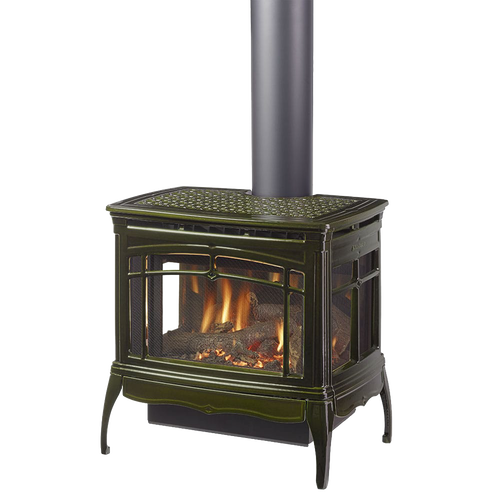 Freestanding gas stove with three-sided glass viewing panels, featuring reflective interior glass and a dark enamel finish, from popular stove and heatstove collections.