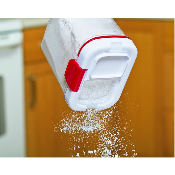 Clear plastic powdered sugar keeper with red accents sprinkling white sugar through a built-in shaker lid, designed for Kitchen & Food, Storage and Serving, and Best Sellers collections.