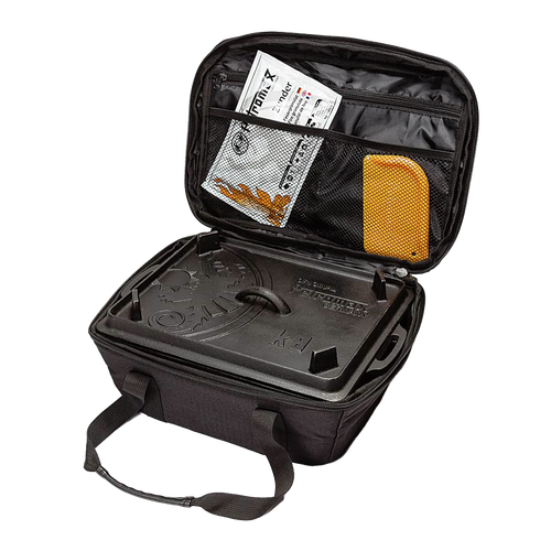 Black transport bag with handles and zippered mesh pocket, designed to safely hold a cast iron loaf pan and accessories, perfect for camping, farm, garden, and bread making supplies.