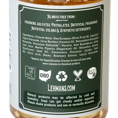 Close-up of the back label on a handcrafted soap bottle highlighting natural ingredients like olive, coconut, sunflower, jojoba oils, honey, and peppermint, free from synthetic additives, made in USA, ideal for Health & Wellness, Grooming and Personal Hygiene, and Soaps collections.