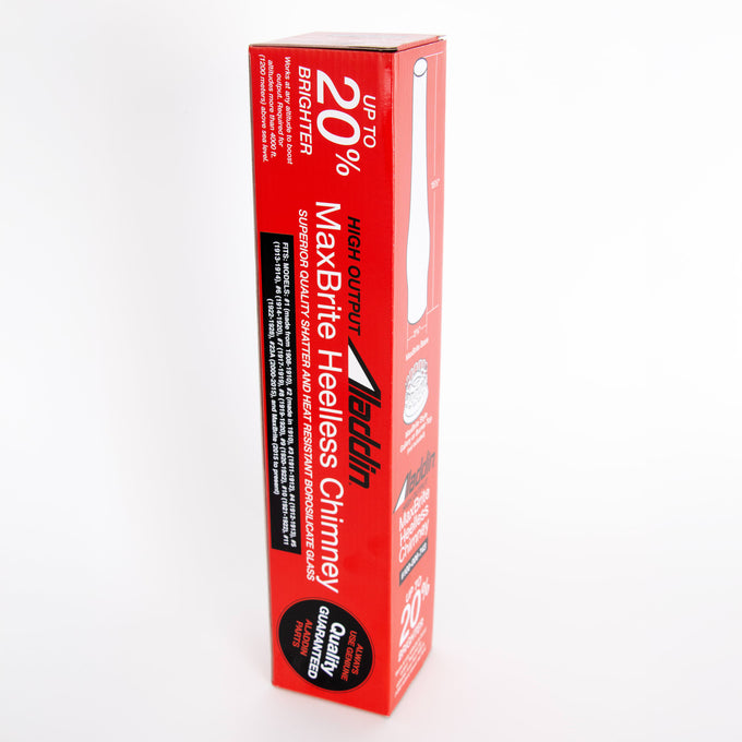 Red branded box packaging for a tall high output chimney offering up to 20% more light, featuring product details and quality assurance, part of lamps and lighting accessories collections.