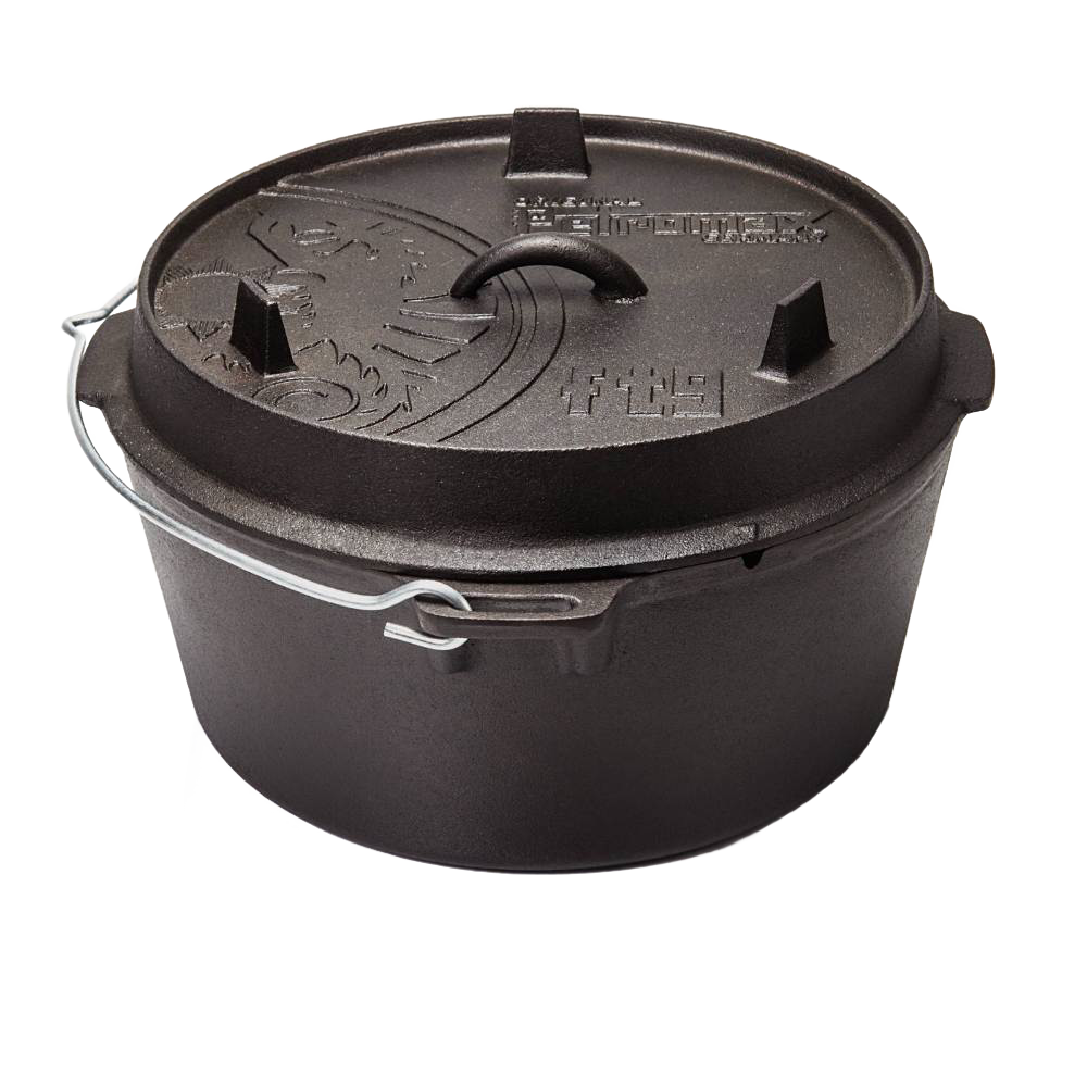 Cast iron cooking pot with flat base and lid featuring handle and ventilation knobs, designed for outdoor and kitchen use, featured in Kitchen & Food, Cookware, Cast Iron, Best Sellers, and Promo Eligible collections.