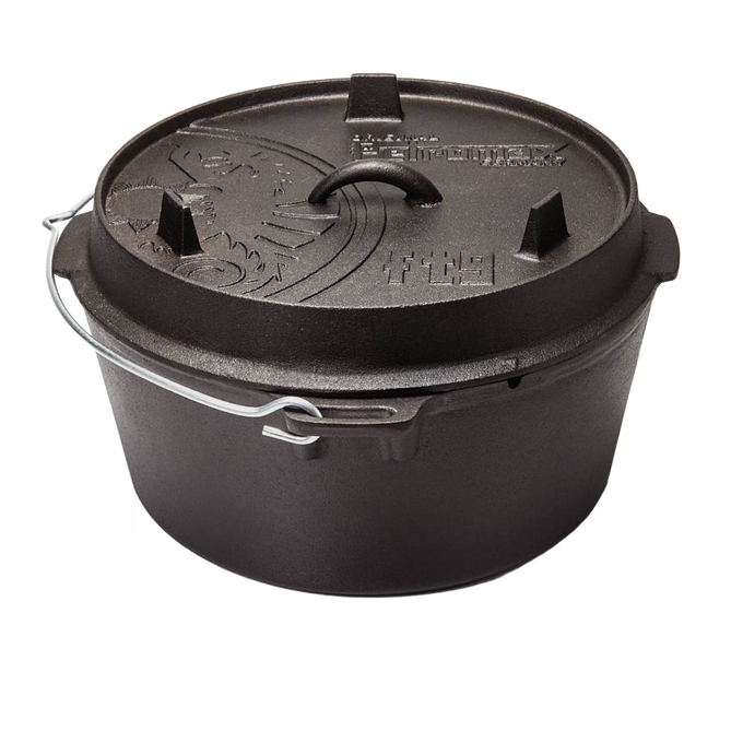 Cast iron cooking pot with flat base and lid featuring handle and ventilation knobs, designed for outdoor and kitchen use, featured in Kitchen & Food, Cookware, Cast Iron, Best Sellers, and Promo Eligible collections.