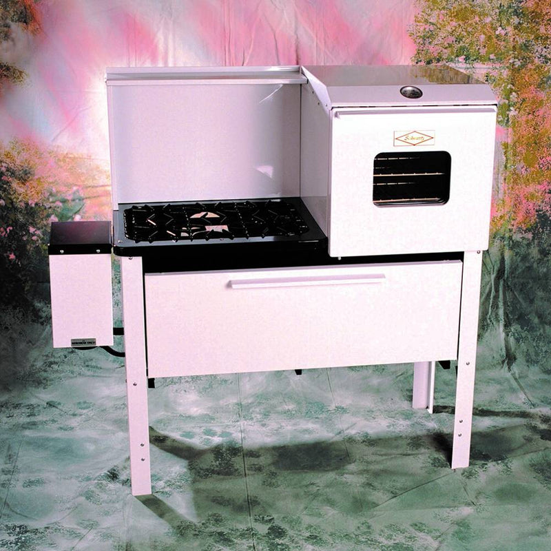Handcrafted Amish kerosene cookstove with oven in white, featuring solid brass burners and ceramic chimneys, part of USA Made, Stoves, and Best Sellers collections.