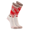 Pair of women's crew-length socks featuring playful sock monkey patterns in red and cream, crafted from soft sustainable Merion wool with arch support and memory knit, part of Health & Wellness, Clothing and Accessories, Best Sellers, and Promo Eligible collections.