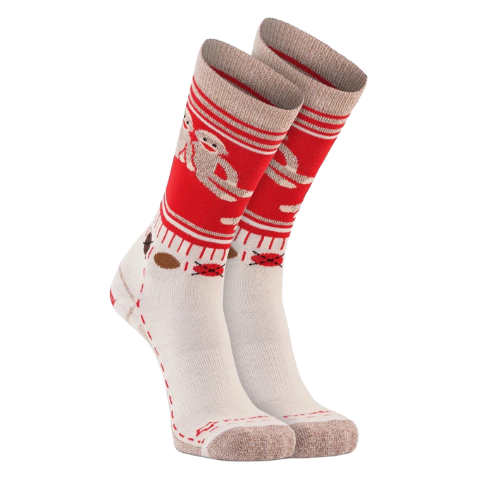 Pair of women's crew-length socks featuring playful sock monkey patterns in red and cream, crafted from soft sustainable Merion wool with arch support and memory knit, part of Health & Wellness, Clothing and Accessories, Best Sellers, and Promo Eligible collections.