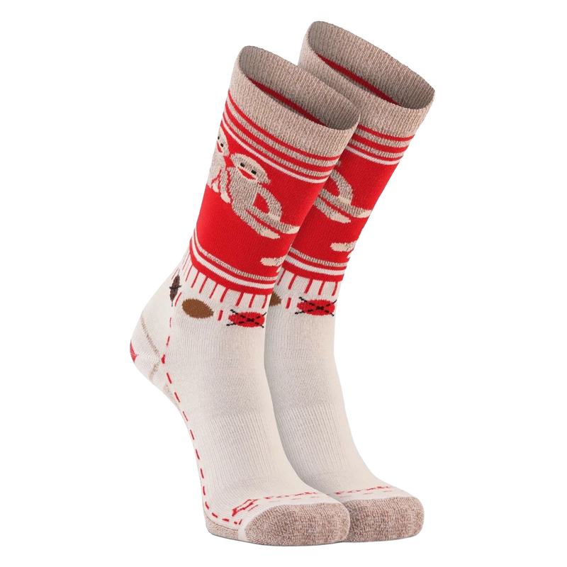 Pair of women's crew-length socks featuring playful sock monkey patterns in red and cream, crafted from soft sustainable Merion wool with arch support and memory knit, part of Health & Wellness, Clothing and Accessories, Best Sellers, and Promo Eligible collections.