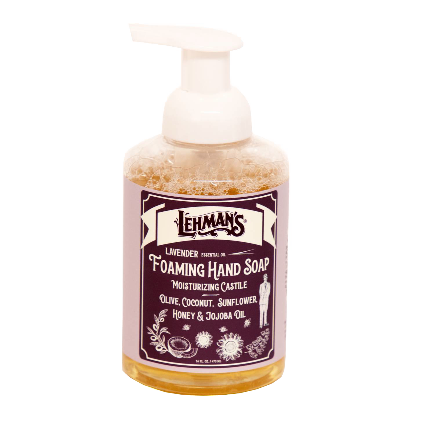 Bottle of handcrafted Lehman’s moisturizing foaming hand soap with natural oils and lavender scent, part of Health & Wellness, Soaps, USA Made, and Best Sellers collections.